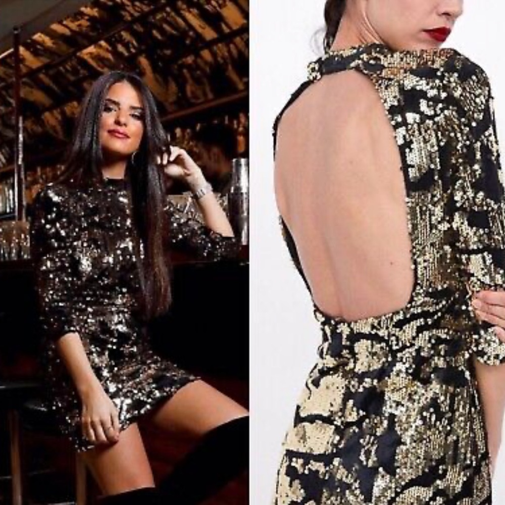 Zara Black/Gold Sequin Mini Dress